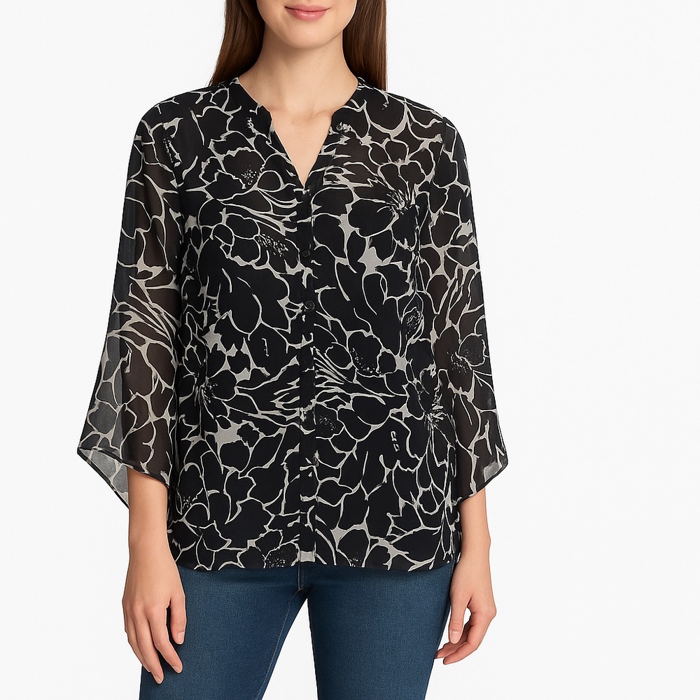 EVA BLUE Sheer Floral Bell Sleeve Button Blouse Black White Medium